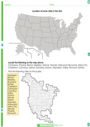 Location of some U.S. cities on a map worksheet for kids. pdf