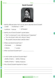 Davy Crockett Worksheet for kids. free Pdf 