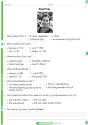 Rosa Parks worksheet for kids to review some facts about this great historical figure.