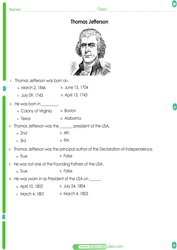 Thoman Jefferson worksheet for kids. Pdf printable test