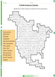 North American Colonies worksheet for kids. Learn and teach a test with a printable puzzle. 