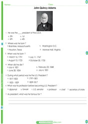 U.S. President John Quincy Adams worksheet for students.PDF Printable test